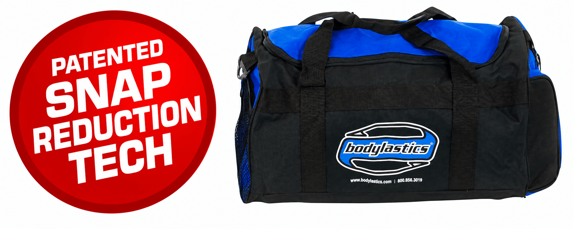 A Bodylastics gym bag beside a red badge reading Patented Snap Reduction Tech.