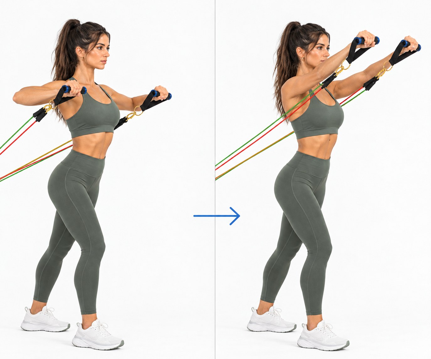 A woman stands with Bodylastics bands anchored behind her and presses two handles from her chest to arm's length, shown at the start and the finish.