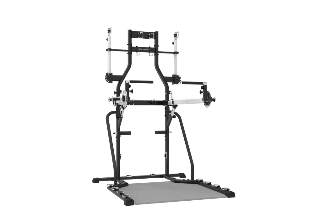 The FLEXICON tower on its base platform, with its press arms and handles.