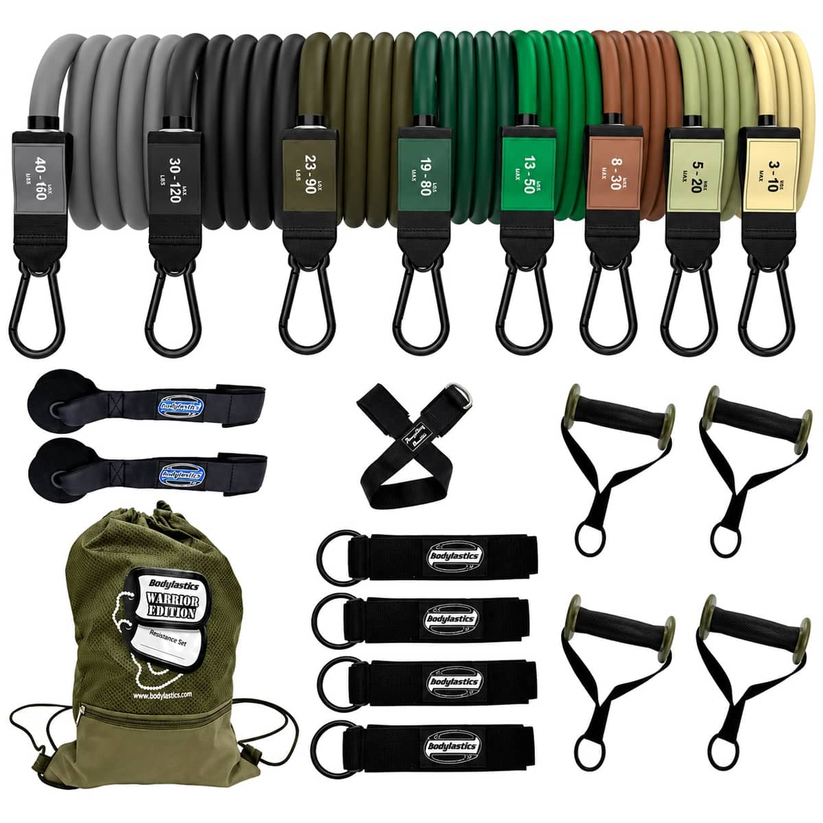 The Bodylastics 8 Band Warrior Set in earth-tone colors: eight stackable bands, four handles, four ankle straps, anchors and a backpack bag.