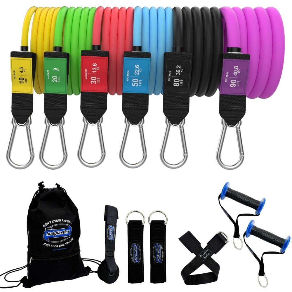 The Bodylastics 6 Band Pro Series Set laid out: six stackable bands, two handles, two ankle straps, two anchors and a backpack bag.
