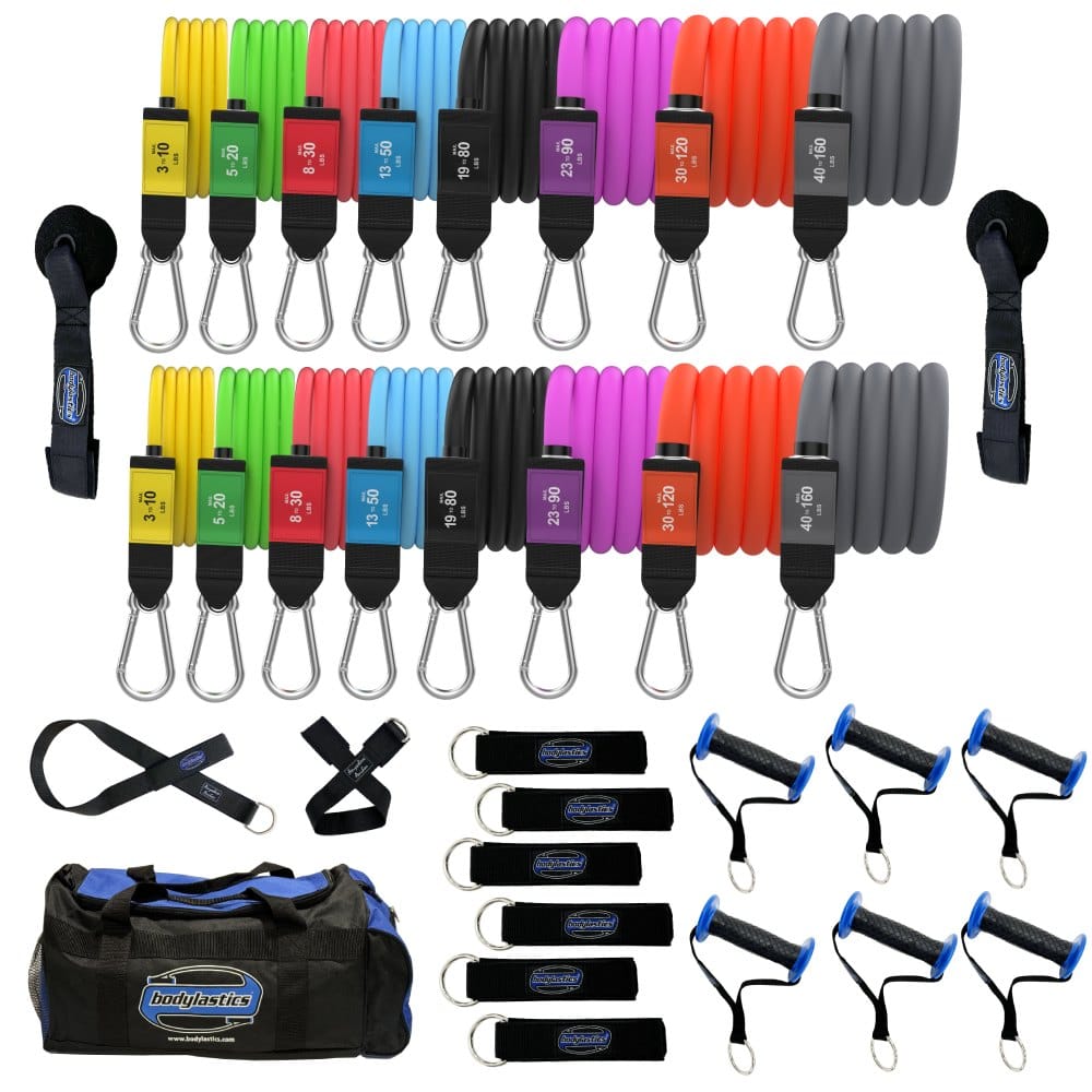 The Bodylastics 16 Band Pro Series Set laid out: sixteen stackable bands, six handles, six ankle straps, anchors and a gym bag.
