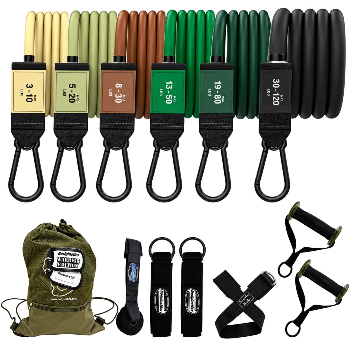 The Bodylastics 6 Band Warrior Set in earth-tone colors: six stackable bands, two handles, two ankle straps, anchors and a backpack bag.