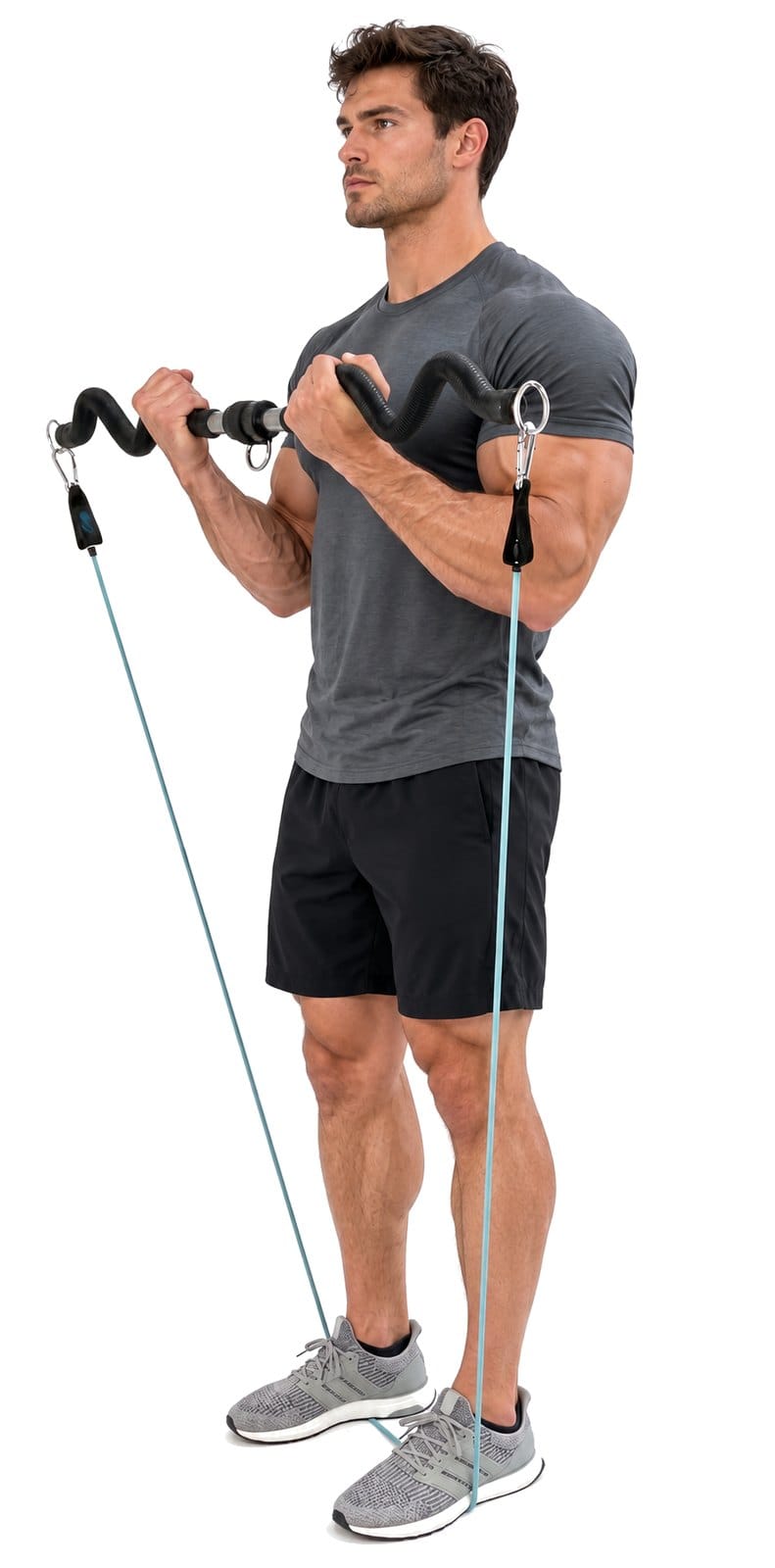 A man stands on resistance bands and curls the Resistance Band Bar up toward his shoulders.