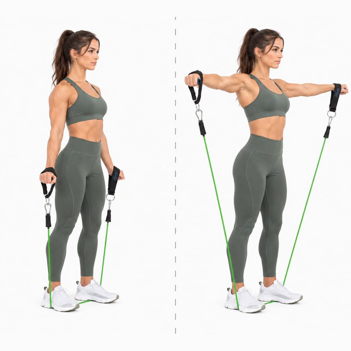 A woman standing on a green Bodylastics band doing a lateral raise, shown with her arms at her sides and then raised to shoulder height.