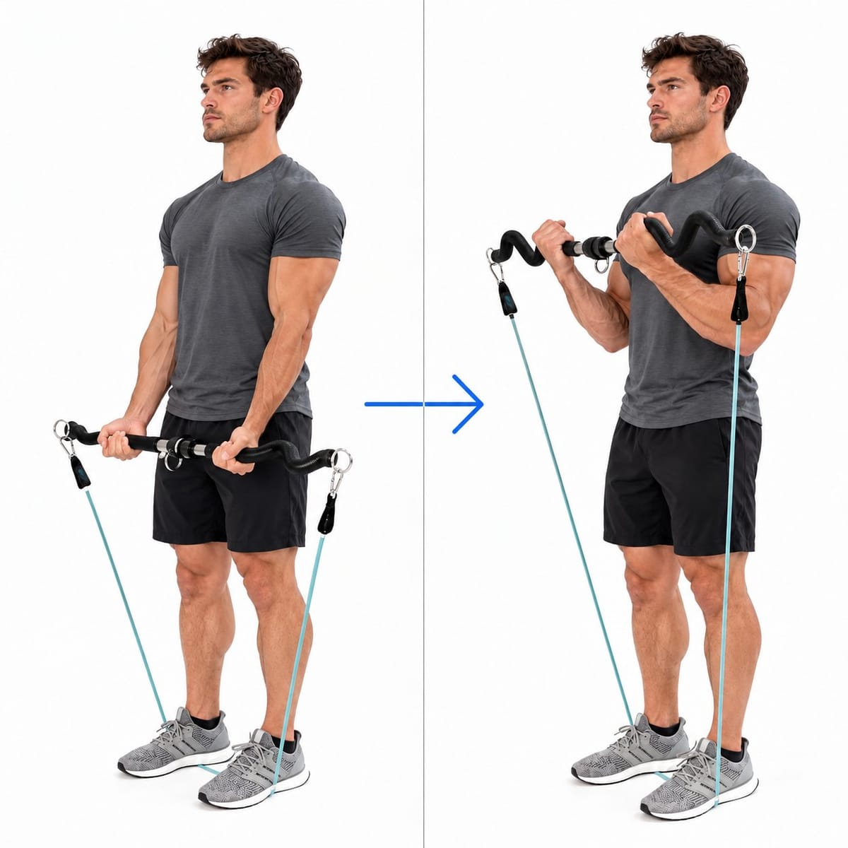 A man stands on resistance bands and curls the Resistance Bands Bar from his thighs up to his shoulders.