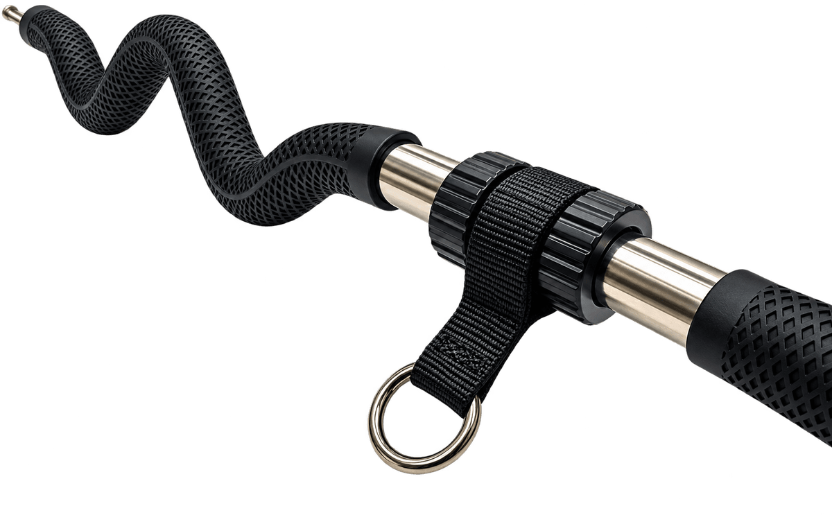 Close-up of the bar's angled grip bend, steel center and center strap with a ring.