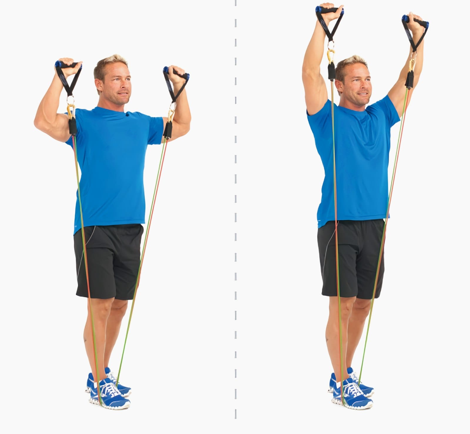A man presses Bodylastics band handles from his shoulders to straight overhead.