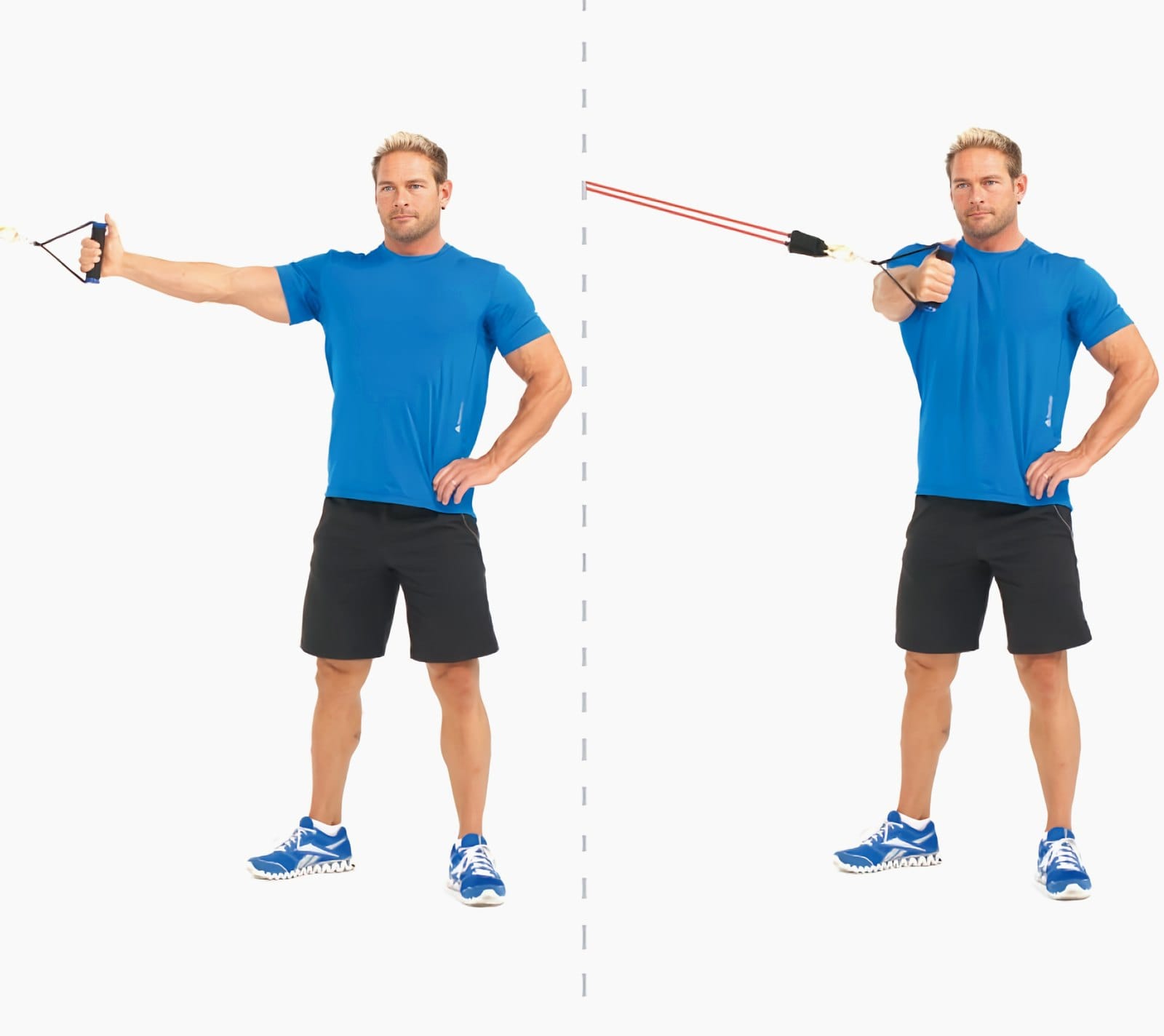 A man pulls a Bodylastics band handle across his body in a one-arm chest fly.