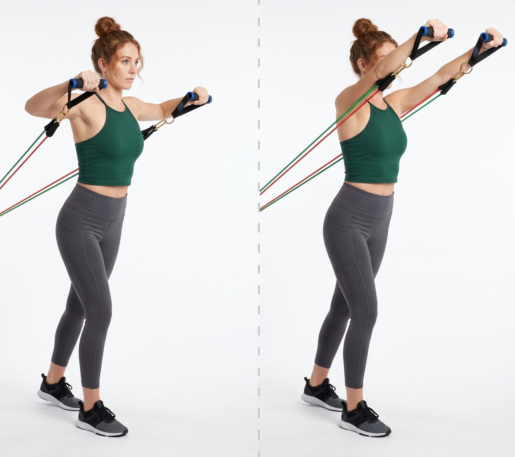 A woman performs a standing chest press with Bodylastics resistance bands anchored behind her, from hands at the chest to arms extended.