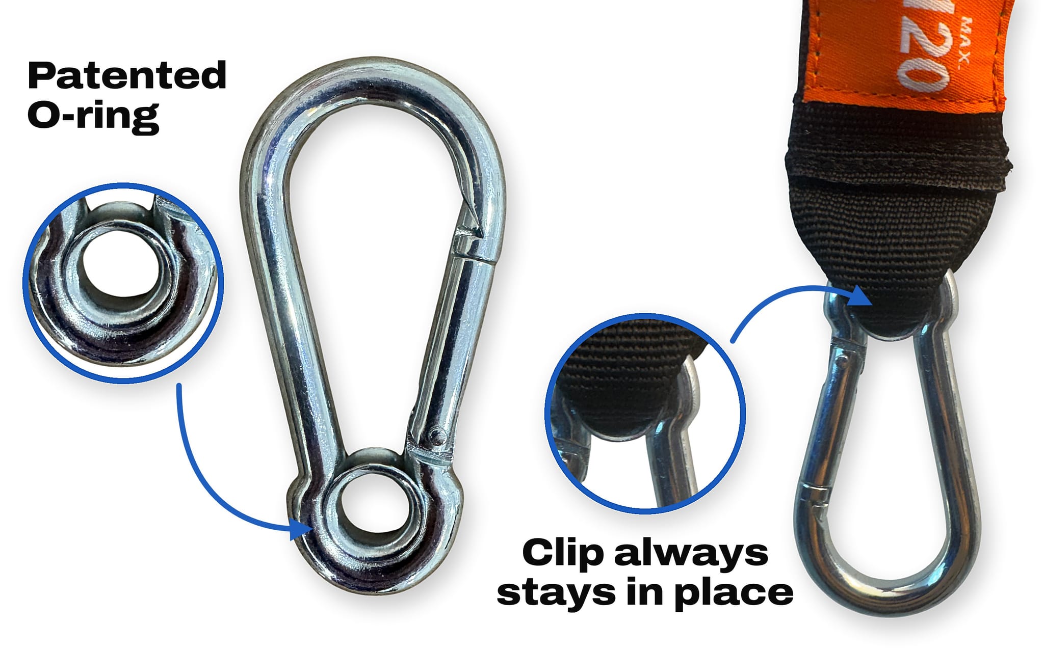 A Bodylastics clip with a close-up of its patented O-ring, and the same clip on a band's strap with a close-up showing it held upright and in place.