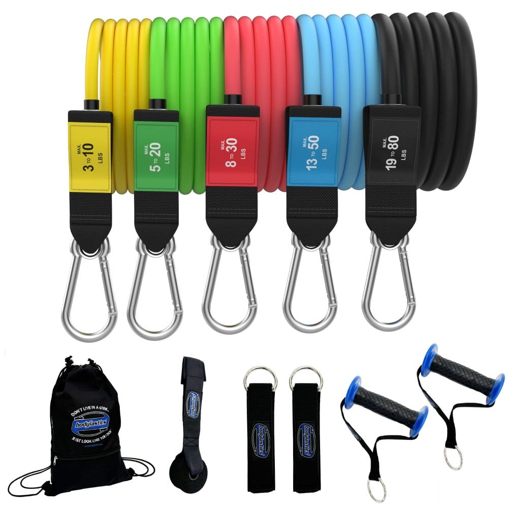 A Bodylastics 5-band set laid out with its bands, handles, ankle straps, door anchor and backpack bag.
