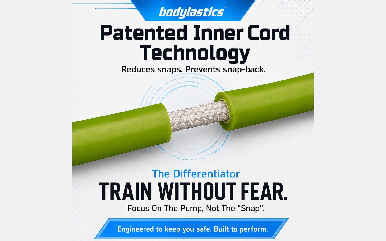 Graphic of the patented Bodylastics inner safety cord: a braided cord running inside the band's latex tube.