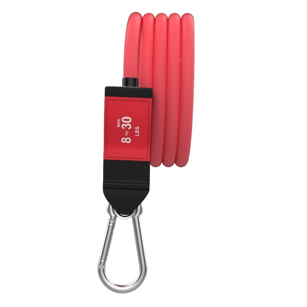A red Bodylastics individual band rated 8 to 30 lbs, with its clip.