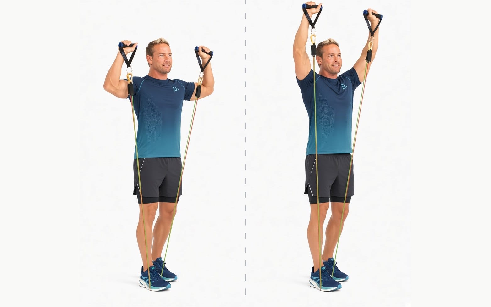A man presses Bodylastics band handles from his shoulders to straight overhead.