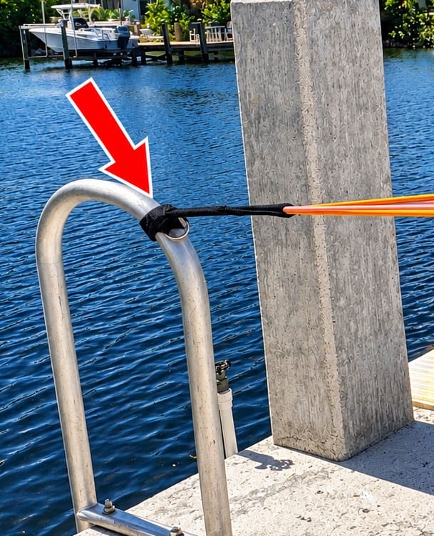The Bodylastics small anywhere anchor looped around a dock railing, with resistance bands pulled tight from it.