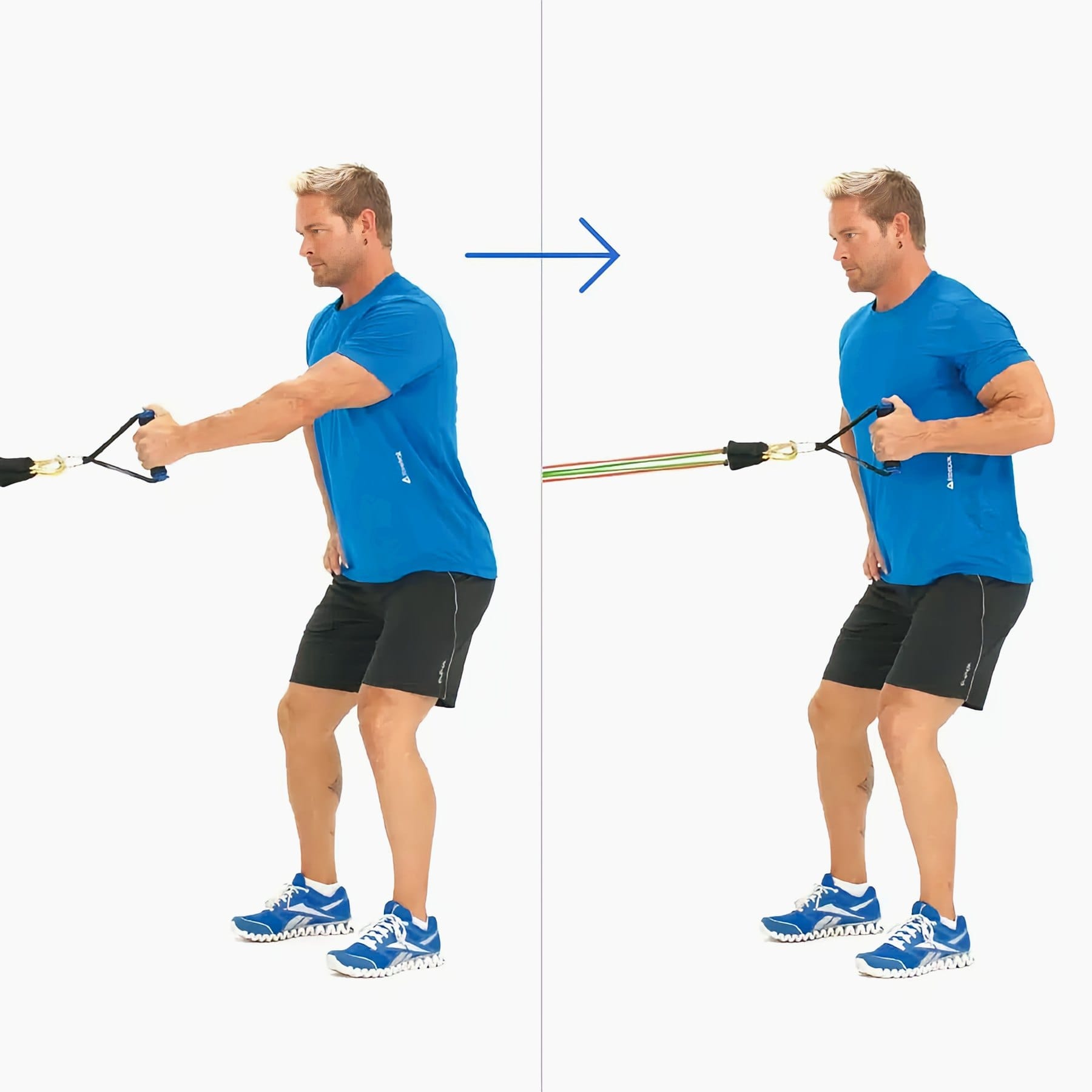A man in a half squat rows a Bodylastics band handle from arm's length back to his ribs.