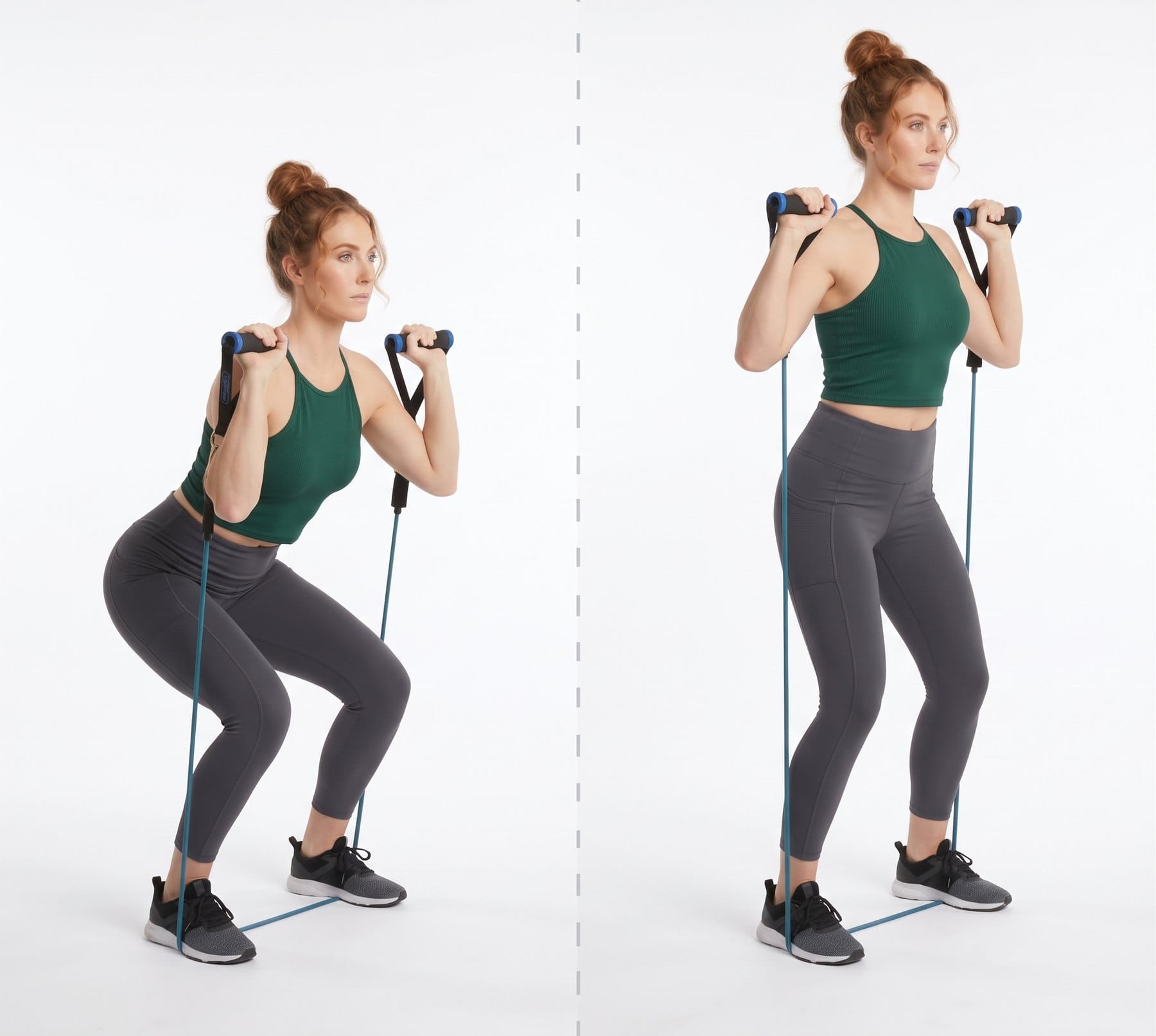 A woman stands on a Bodylastics band holding the handles at her shoulders and squats down, then stands back up.