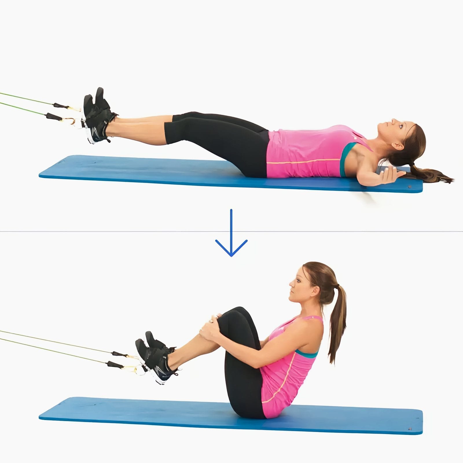 Woman lying on a mat with ankle straps on her feet and legs extended, then sitting up with knees pulled in and hands wrapped below her knees.