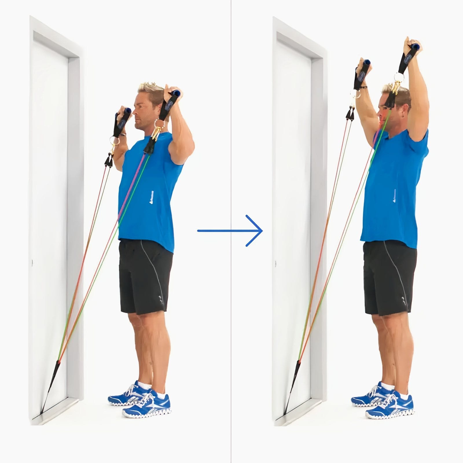 Man faces a door with bands anchored at the bottom, pressing handles from a goal post position to overhead.