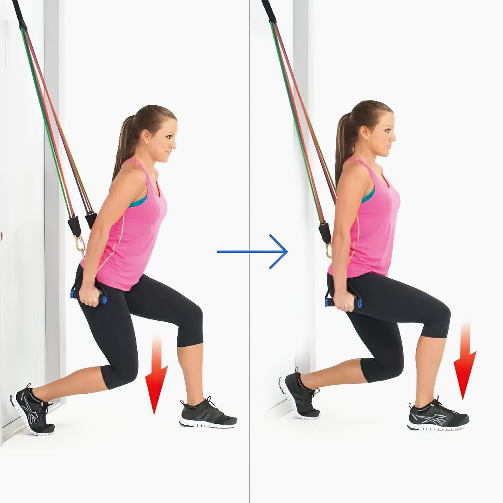 Woman with her back to a door holds handles at her hips, lowering into a split lunge with bands anchored at the top of the door.
