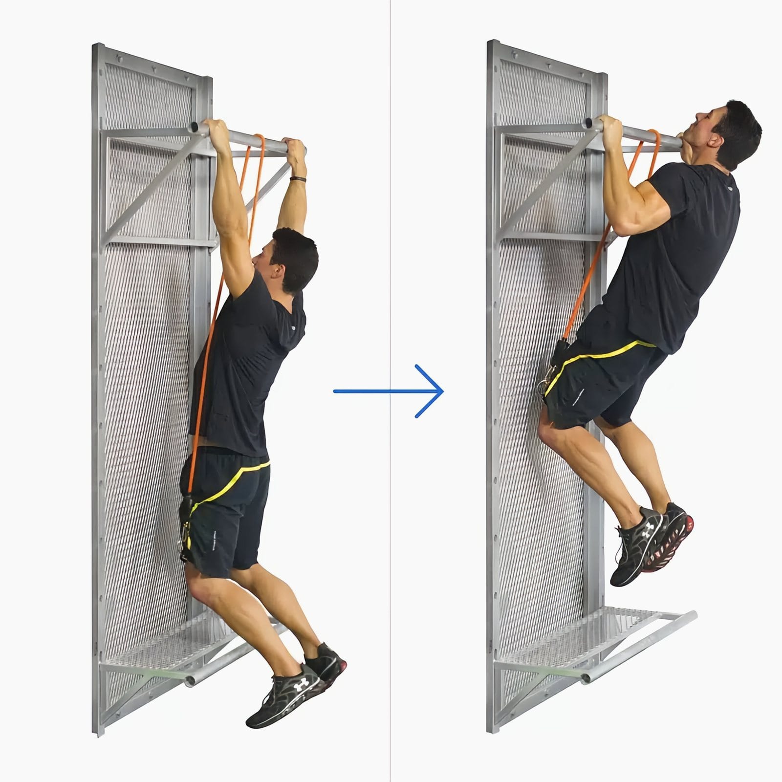 Man hanging from a pull-up bar with a band looped over it and clipped to straps above his knees, then pulling up until his chin reaches the bar.