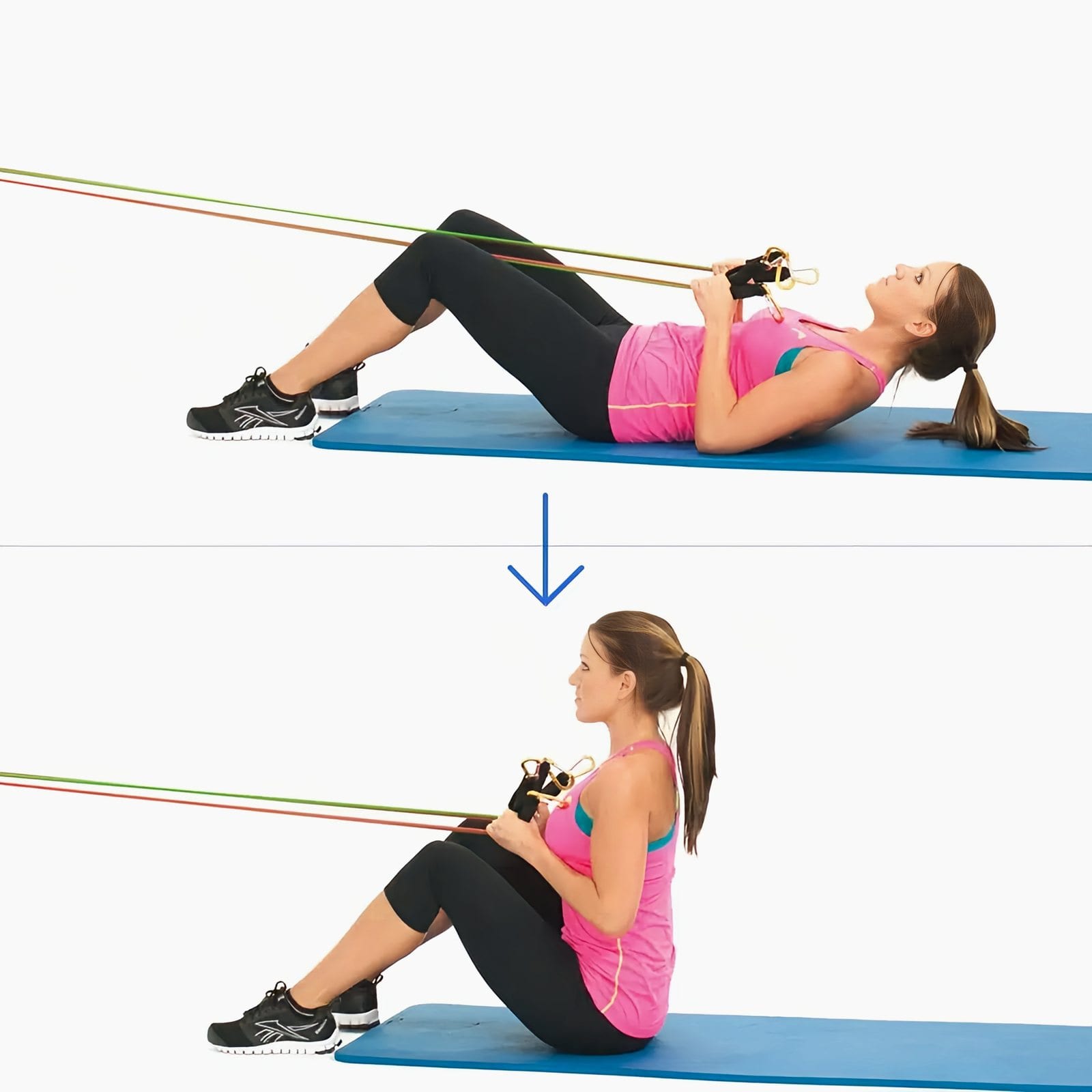Woman lying on a mat holding two handles at her chest with bands anchored ahead of her feet, then sitting upright with the band assisting.