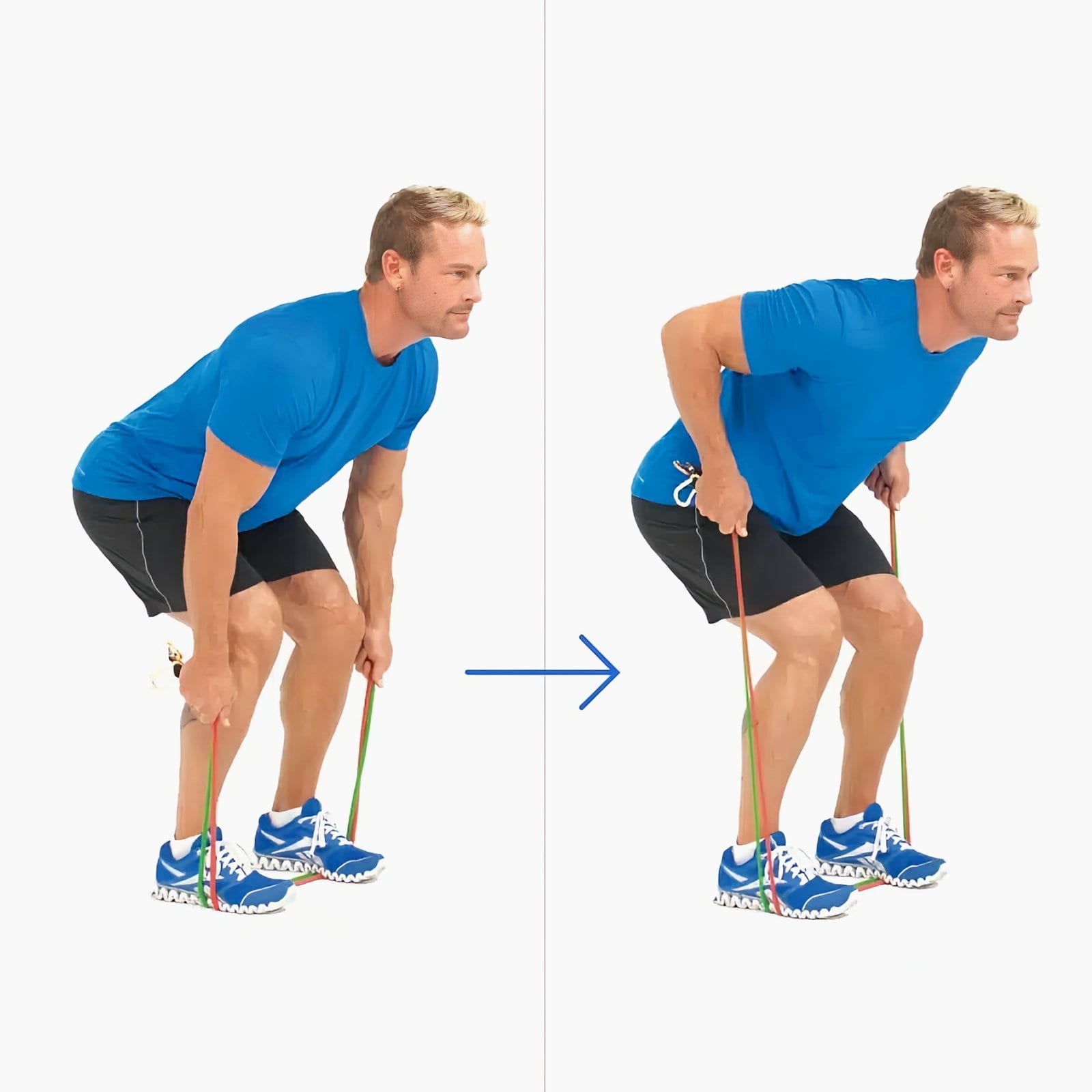 Man standing on a band in a hinged squat, holding it below the clips with arms straight, then rowing both hands up and back to his hips.