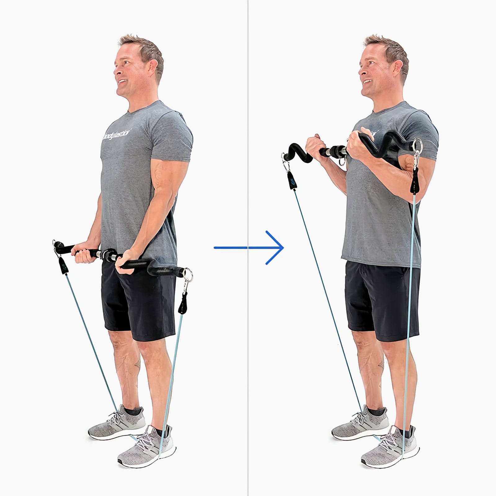 A man in a gray Bodylastics T-shirt stands on bands holding a Resistance Band Bar at his thighs, palms up, then curls it to chest height.
