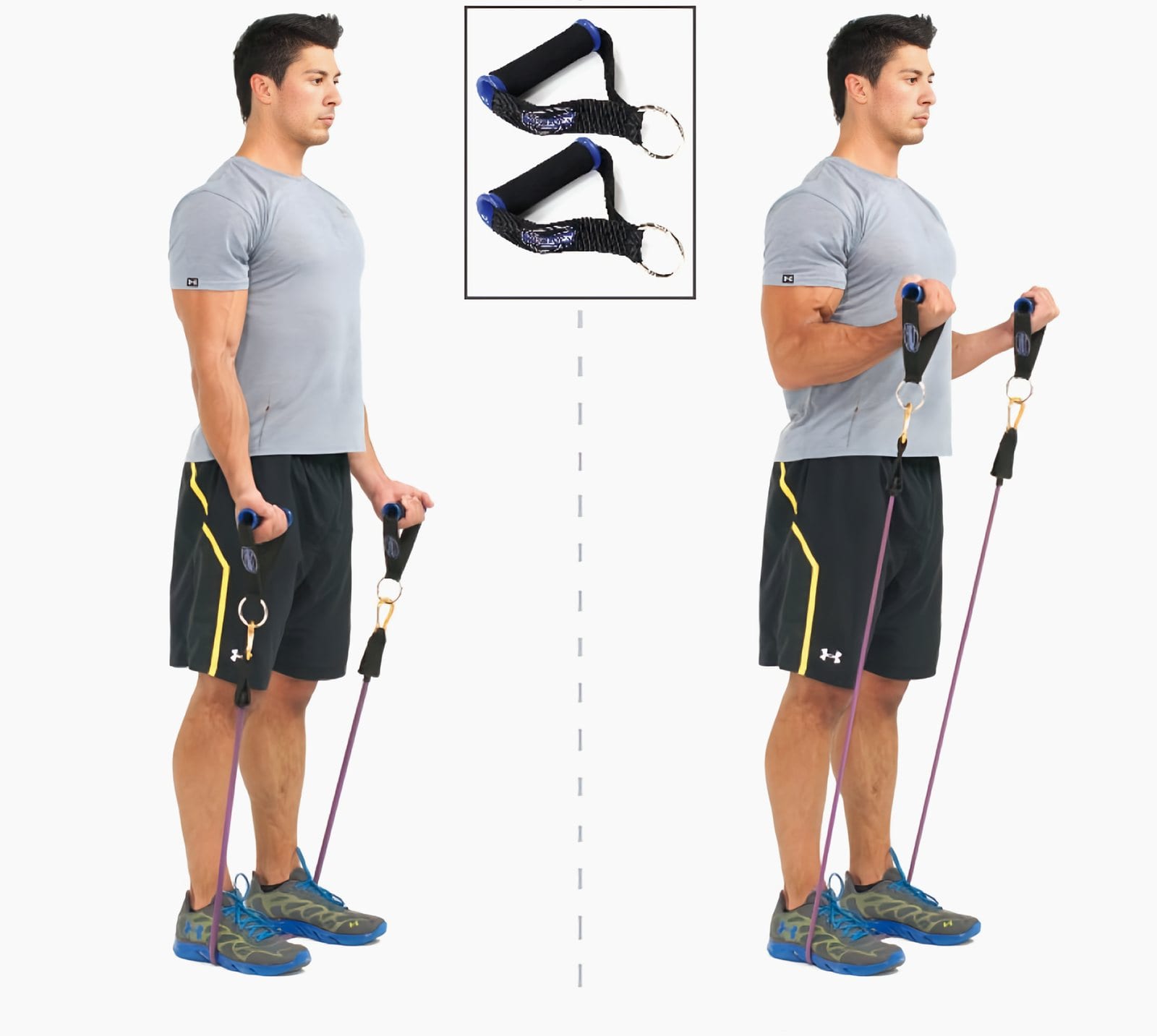 Man standing on a resistance band with a handle in each hand, arms straight at his sides, then curling the handles to chest height.