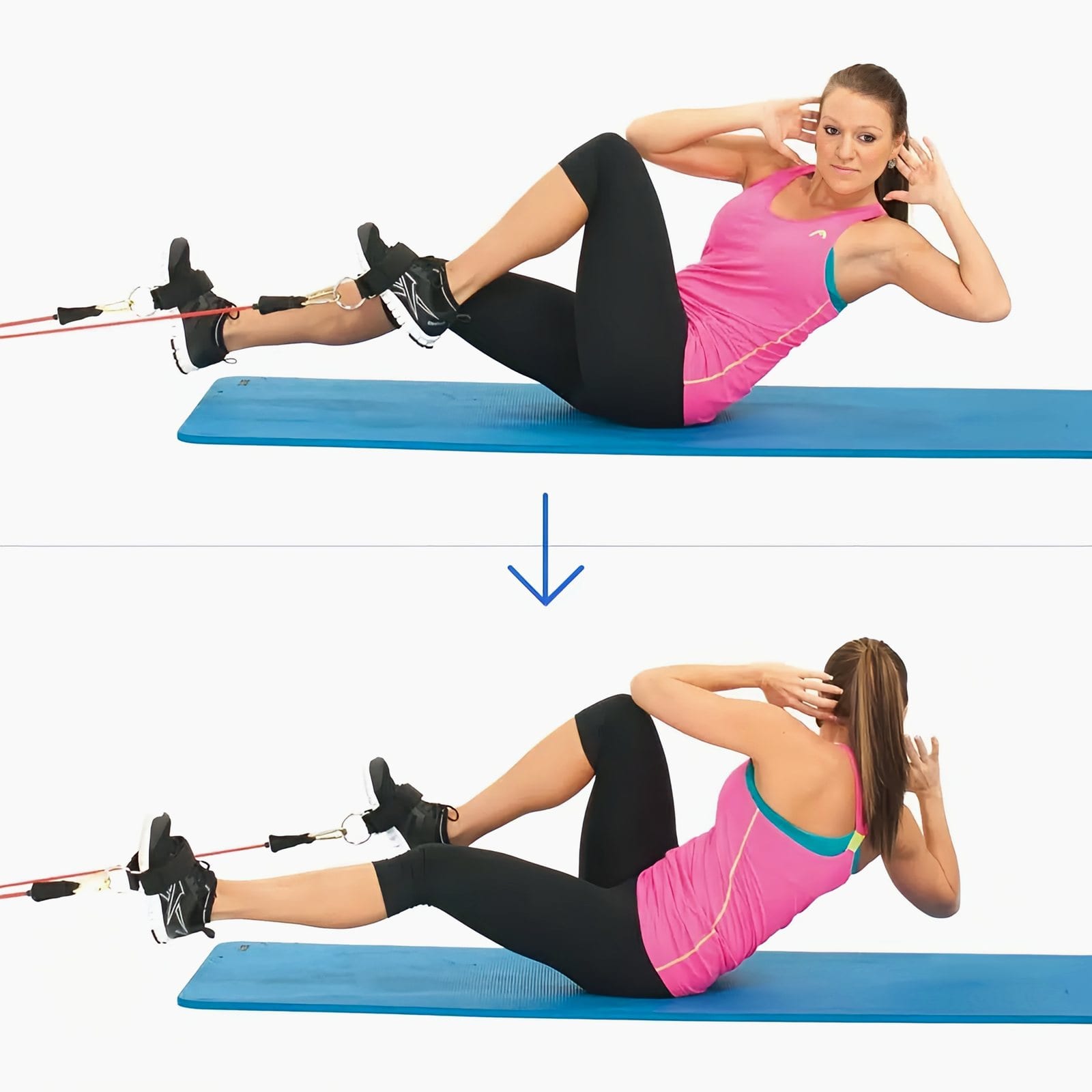 Woman balancing on a mat with ankle straps on both feet and hands by her head, then twisting to bring one knee toward the opposite elbow.