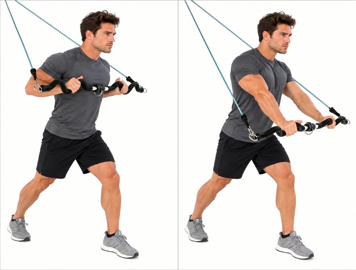 A man with his back to a high anchor holds the Resistance Band Bar at chest height, then presses it down and forward to stomach height.