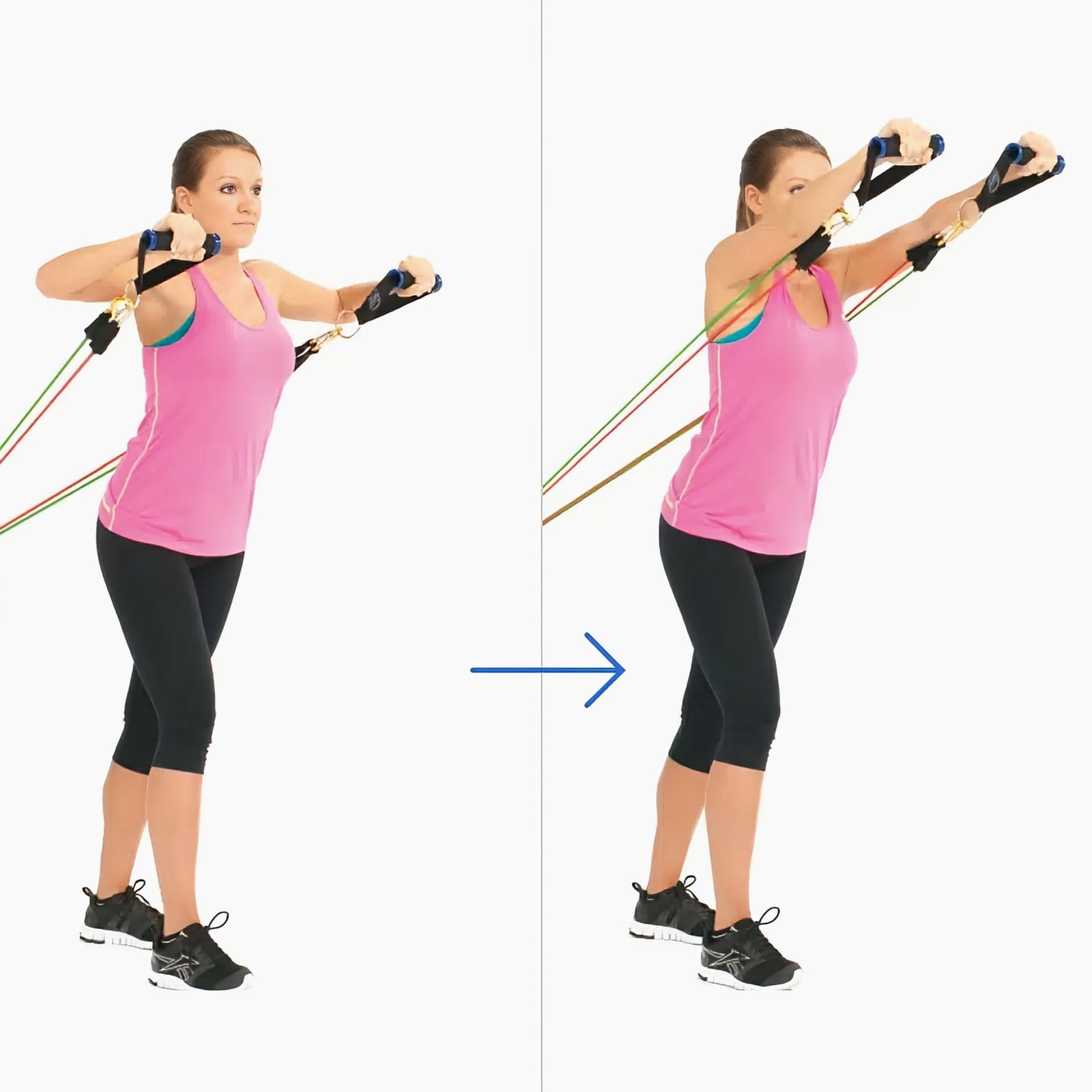 Woman with her back to a low anchor, handles at shoulder level with elbows out, then pressing the handles forward and up to eye level.
