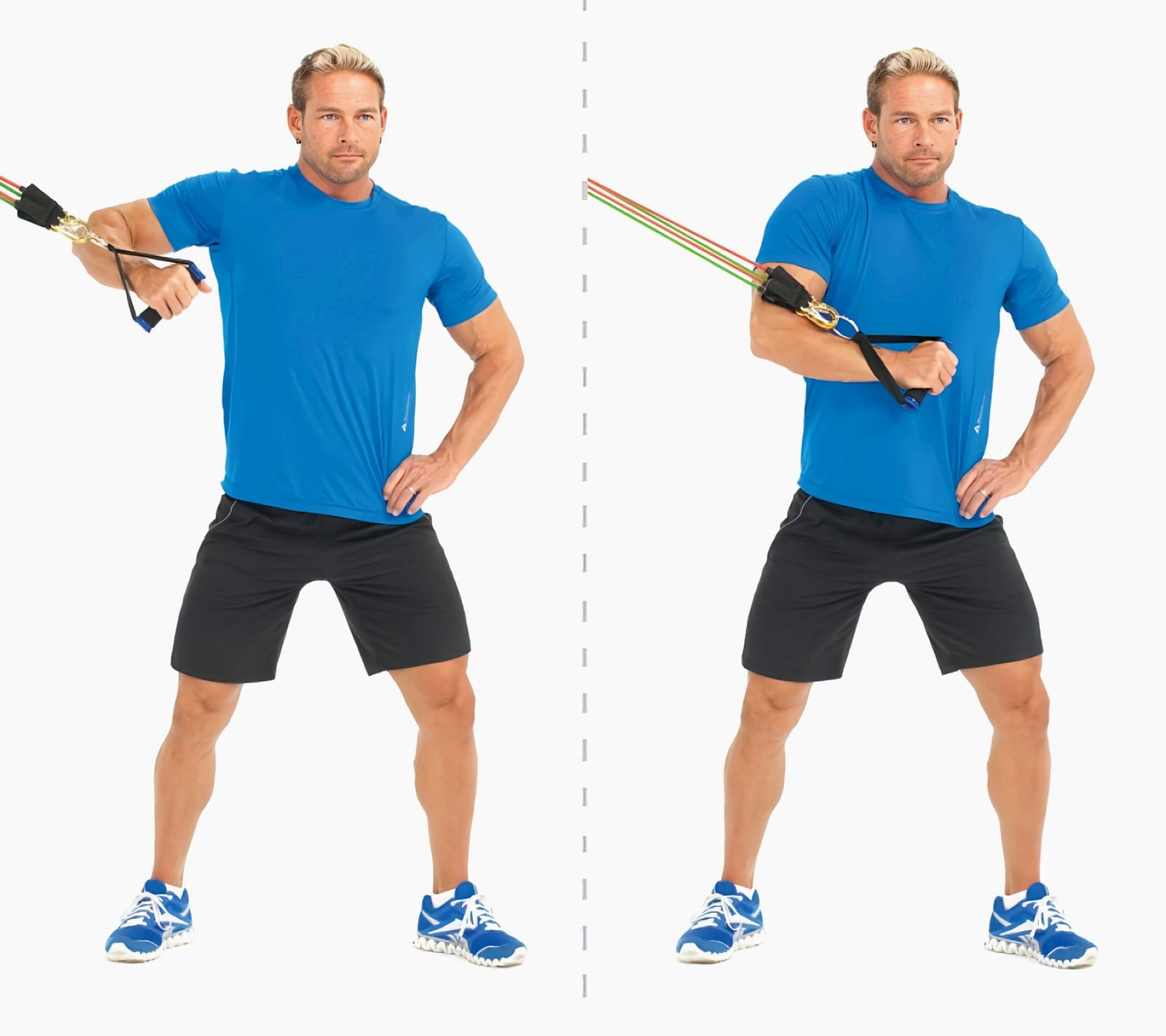 Man in a wide stance side-on to a high anchor, elbow raised holding a handle at his shoulder, then pressing it across to his opposite chest.