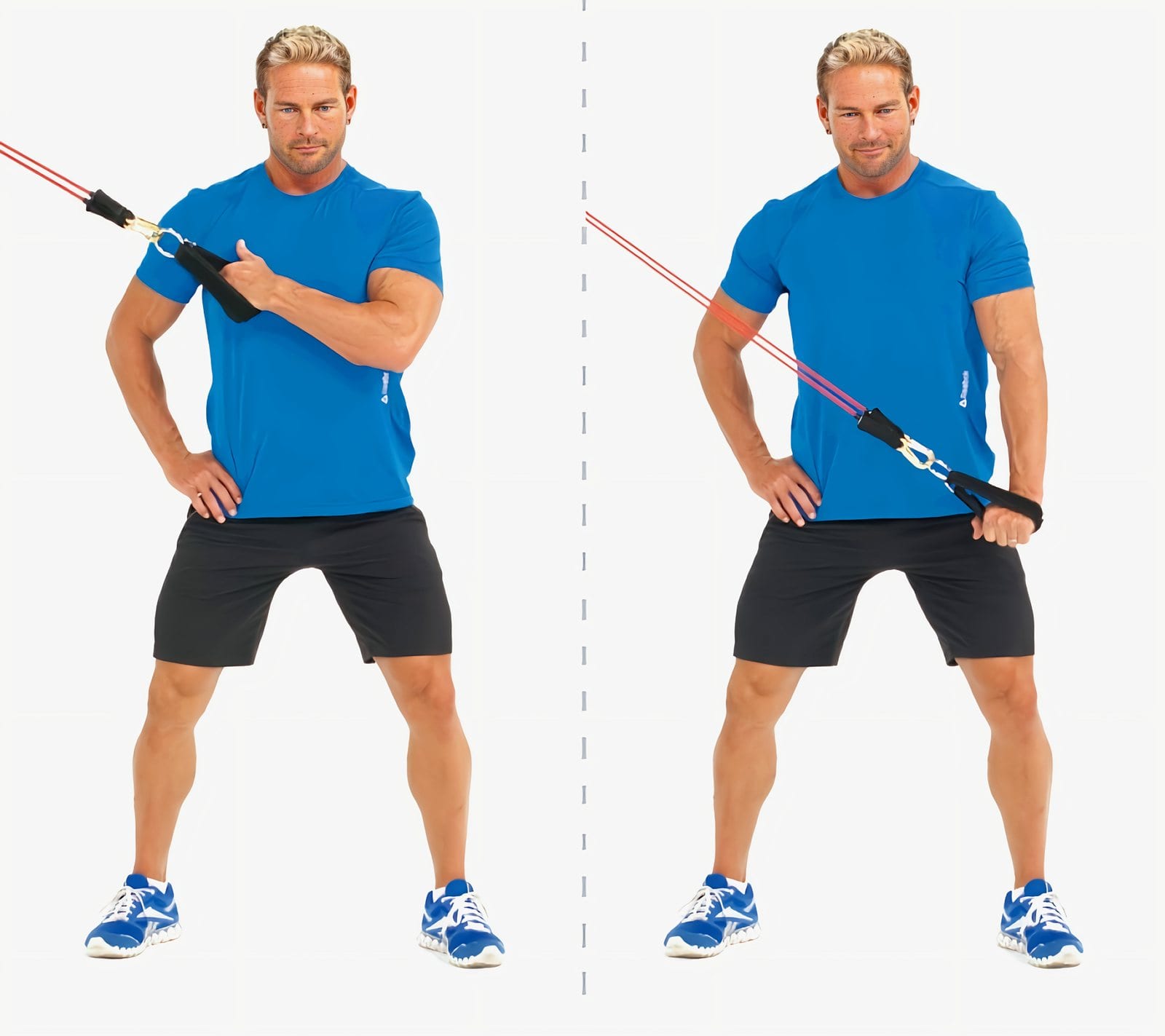 Man in a wide stance holding an ankle strap at his opposite chest with a band from a high anchor, then extending his arm down to his thigh.
