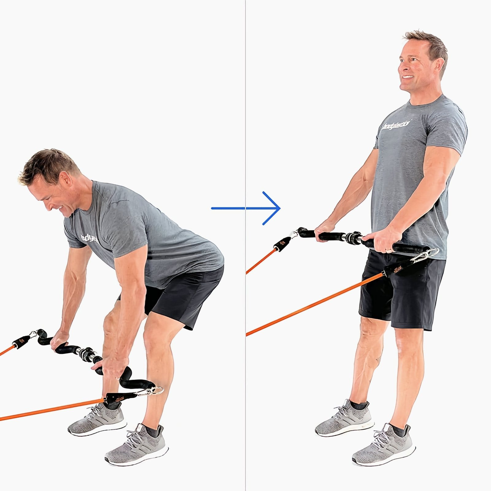 A man in a gray Bodylastics T-shirt hinges forward holding a Resistance Band Bar near his shins from a low anchor, then stands tall with the bar at his hips.