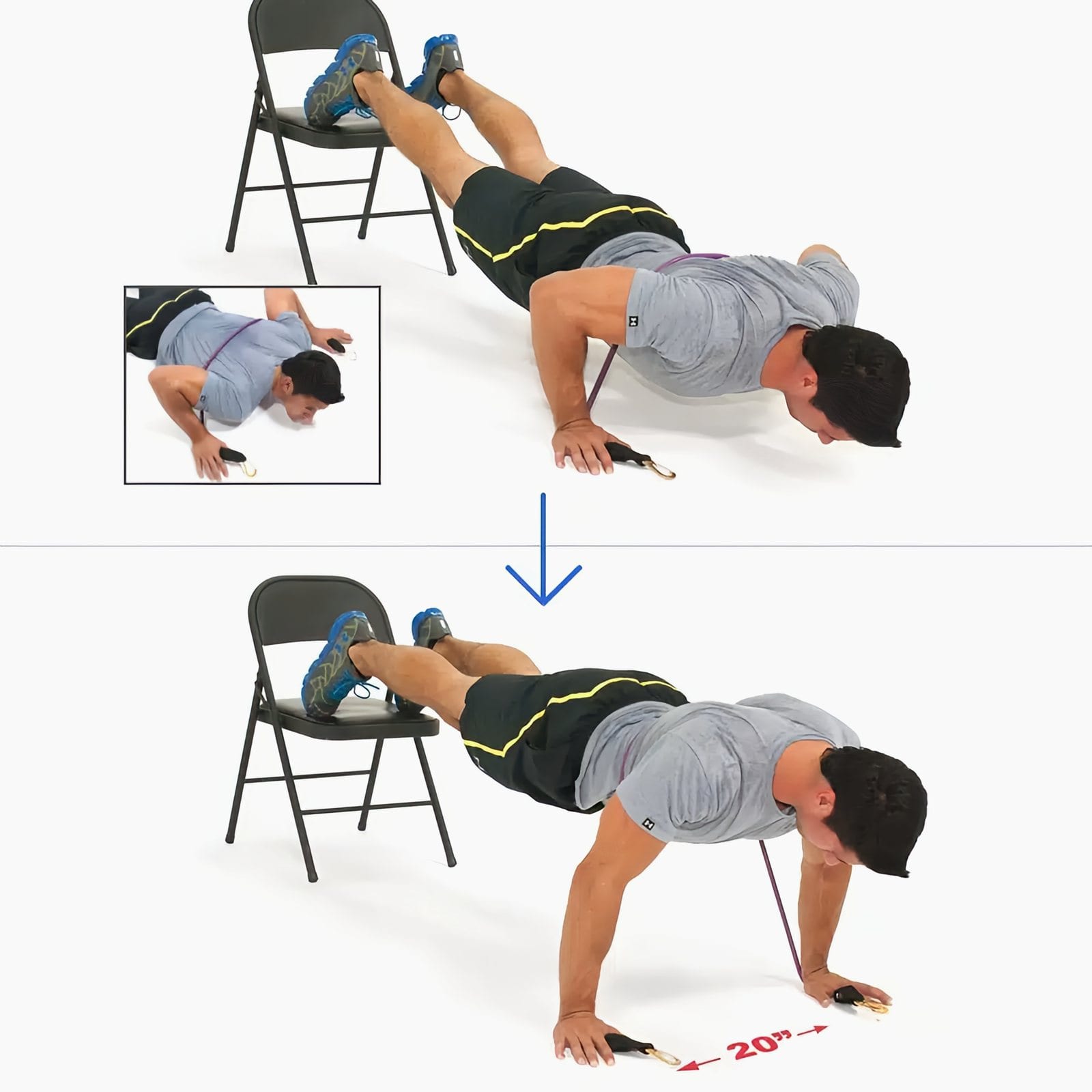 Man in a push-up with his feet on a folding chair and a band across his back held under his palms, lowering and then pushing up to straight arms.