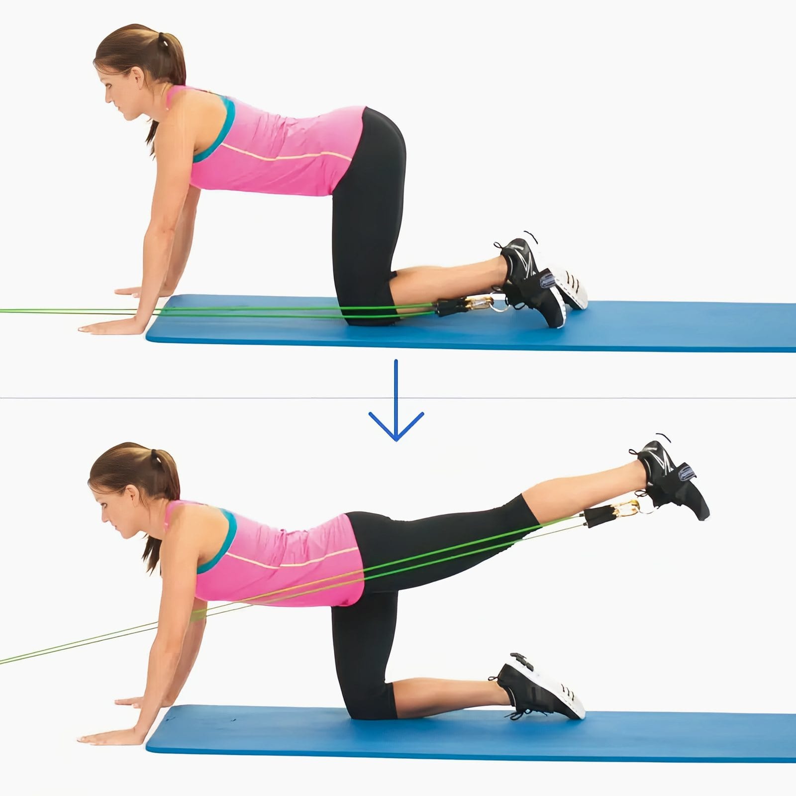 Woman on hands and knees on a mat with an ankle strap on one foot, kicking that leg back until straight against a low-anchored band.