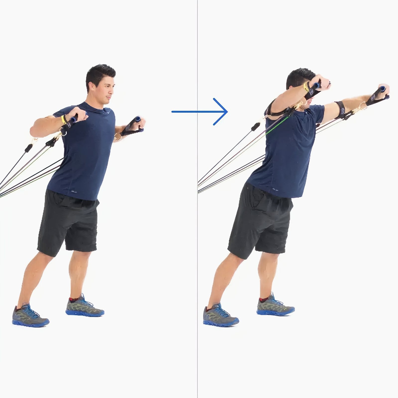 Man with his back to the anchor, bands clipped to handles and to straps above his elbows, pressing the handles forward and up to eye level.