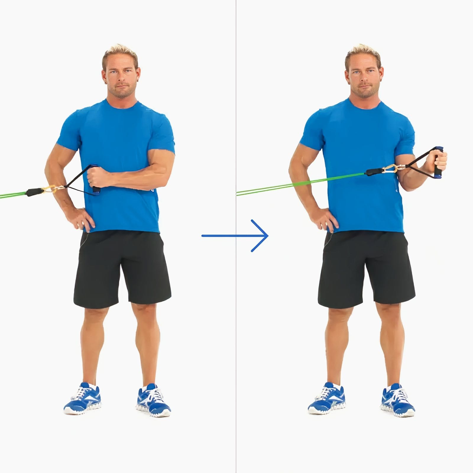 Man stands side-on to a waist-high anchor, elbow at his side, rotating a handle from across his stomach out to the side.