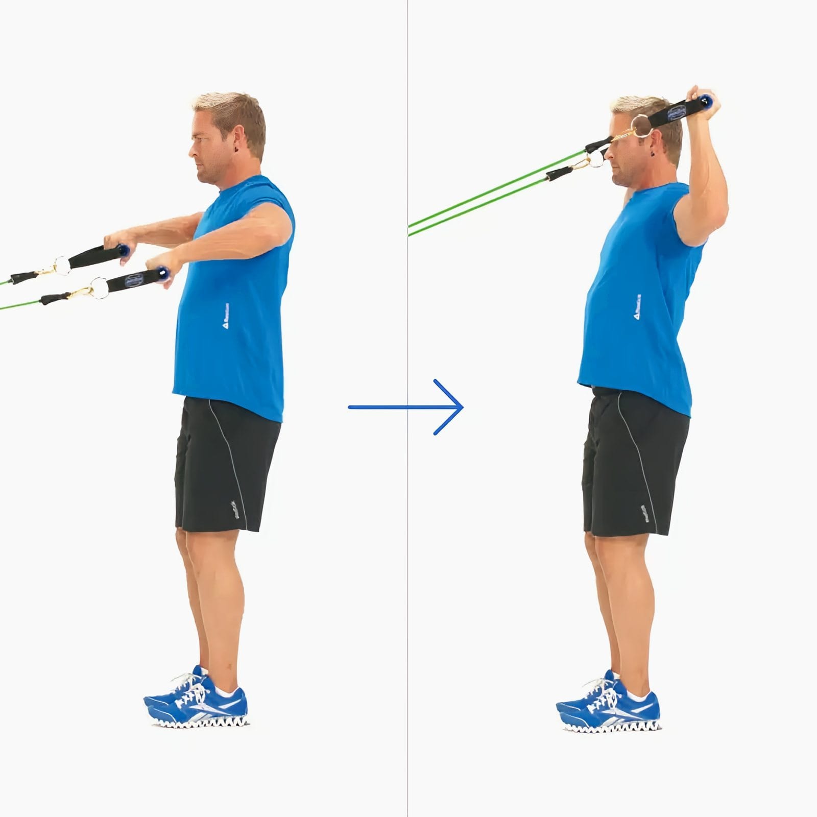 Man faces a door anchor holding handles in front of him, then rotates his forearms up with elbows at shoulder height.