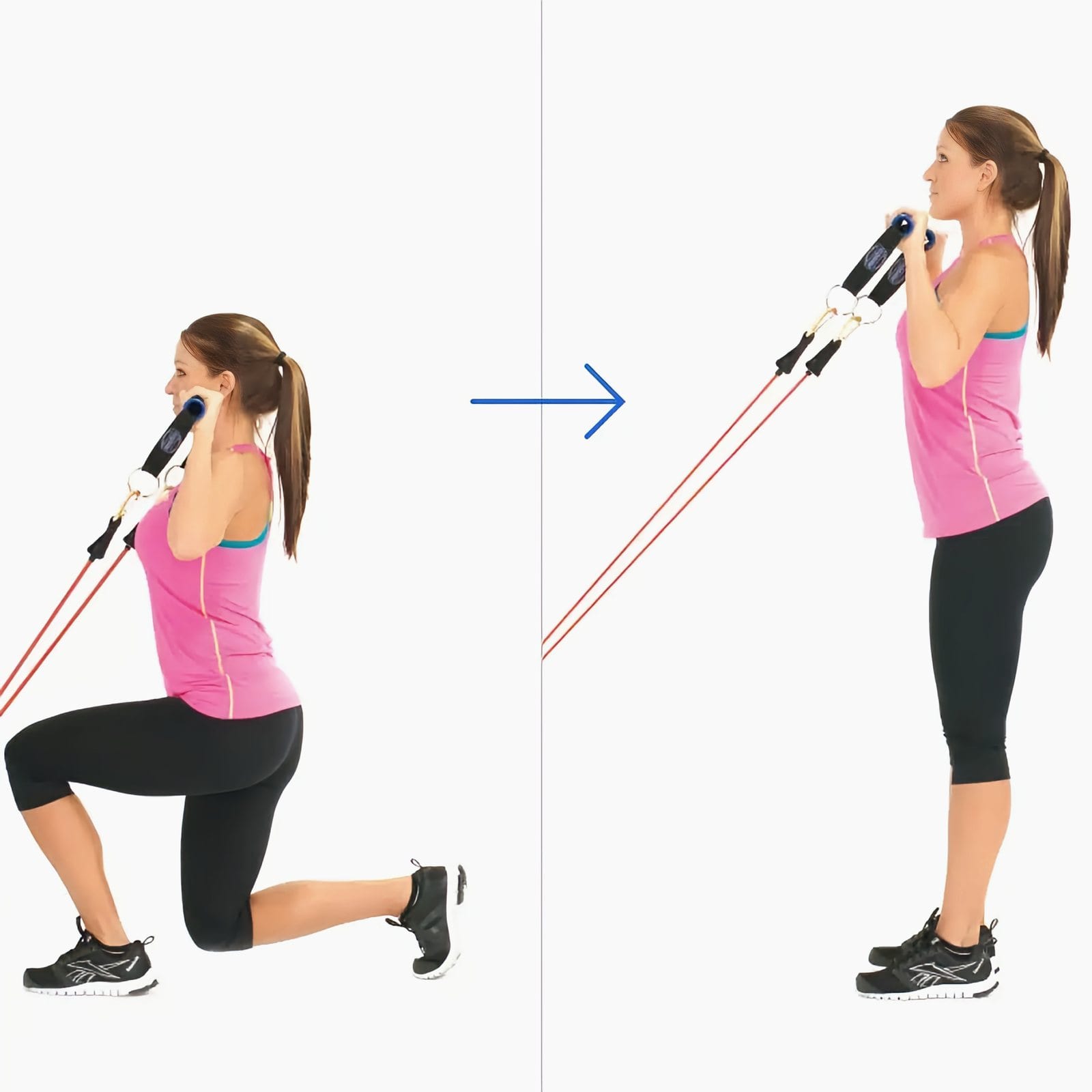Woman holds handles at chin height facing a low door anchor, lunging forward with her back knee near the floor, then standing tall.