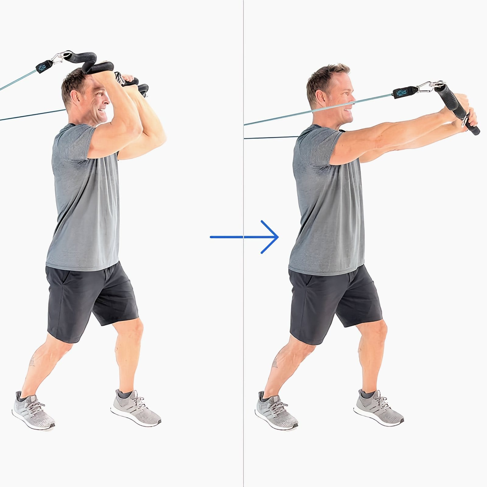 A man in a gray Bodylastics T-shirt faces away from the anchor in a split stance, bar by his forehead, then extends his arms straight out in front.