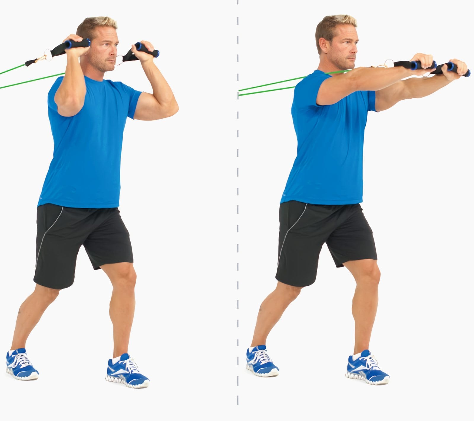 Man in a staggered stance, back to the anchor, holding handles beside his head, then pushing them forward to straight arms.