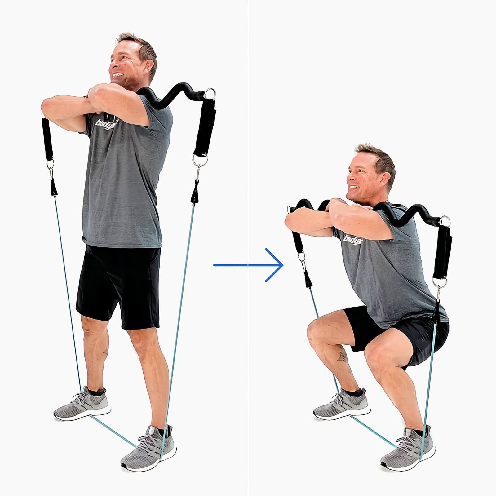 A man in a gray Bodylastics T-shirt stands on bands with a Resistance Band Bar across the front of his shoulders, arms crossed, then squats down.