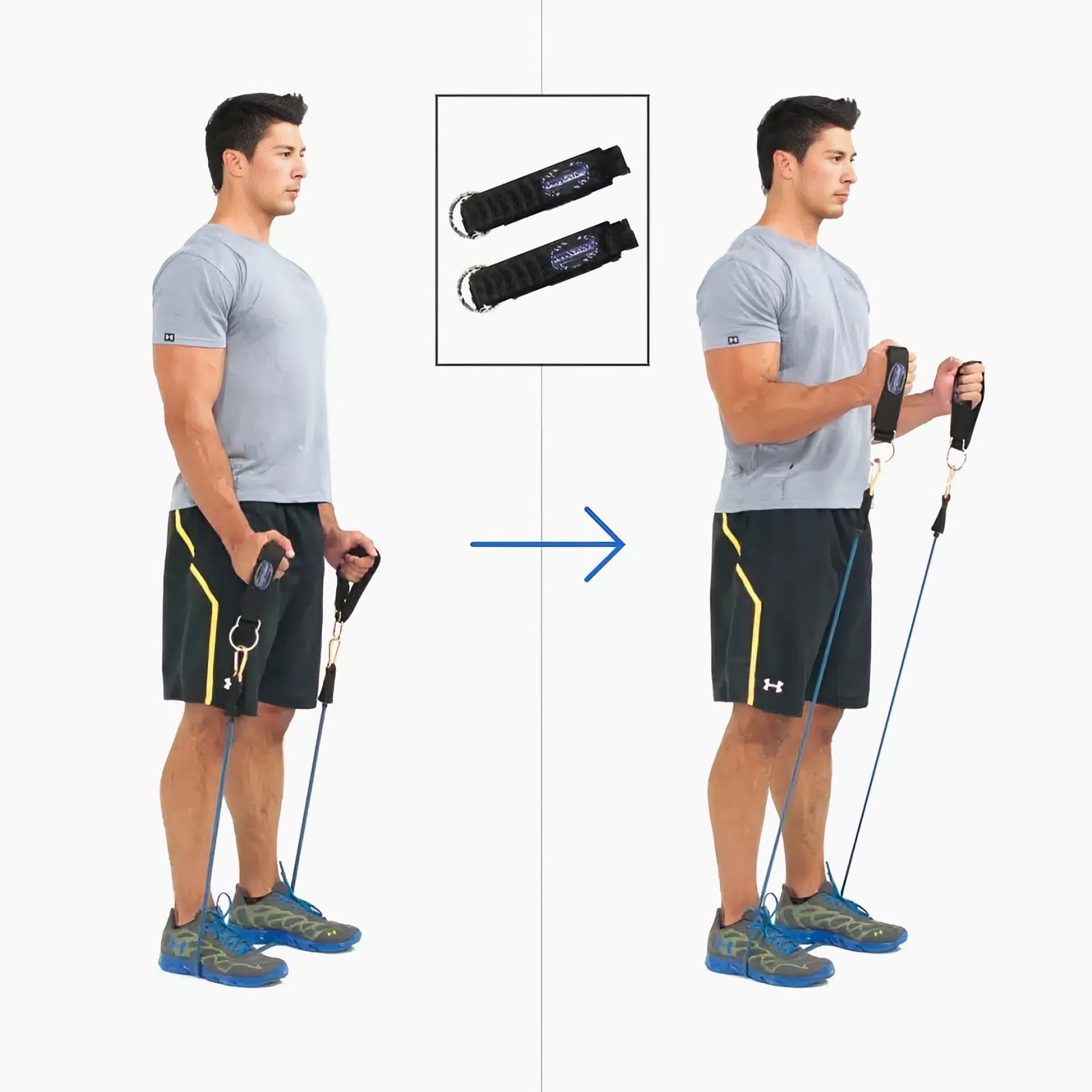 Man standing on blue resistance bands holding ankle straps, palms facing in, arms at his sides, then curling his hands to chest height.