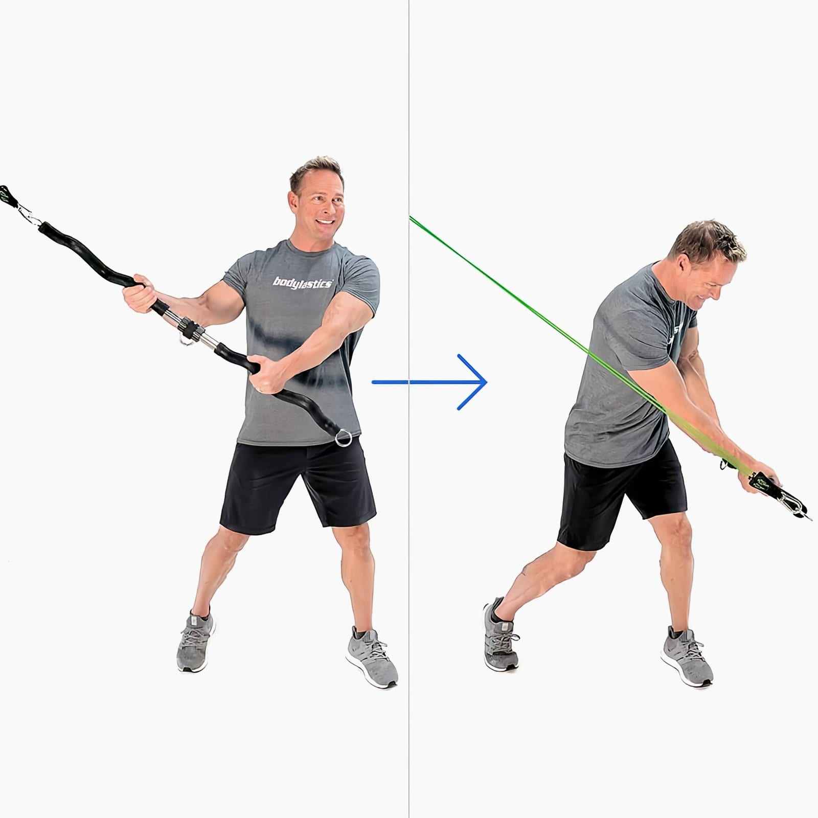 A man in a gray Bodylastics T-shirt holds a Resistance Band Bar up toward a high door anchor, then chops it down across his body past his knee.