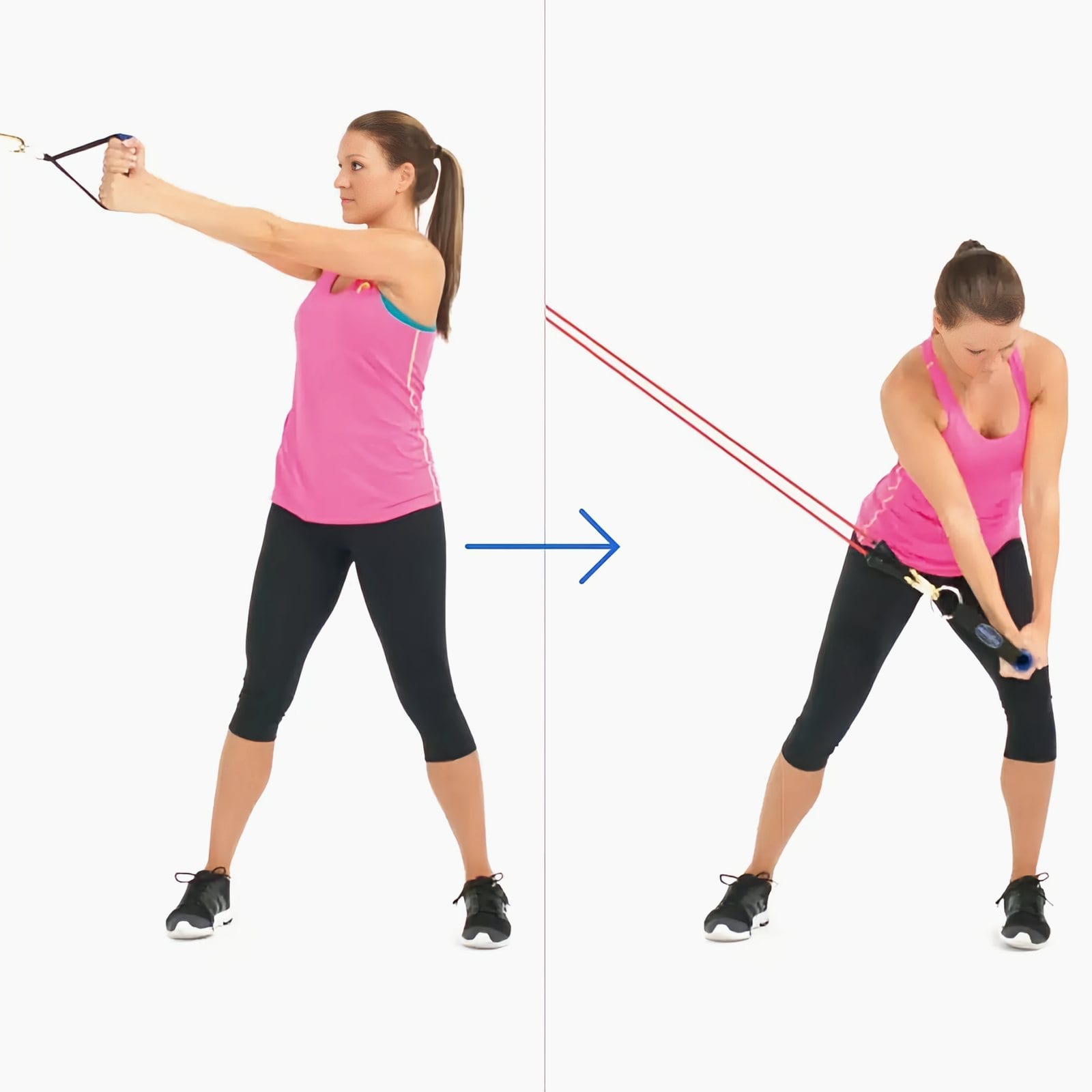 Woman standing side-on holding one handle with both hands reaching up toward a high anchor, then chopping down across her body to her outer knee.