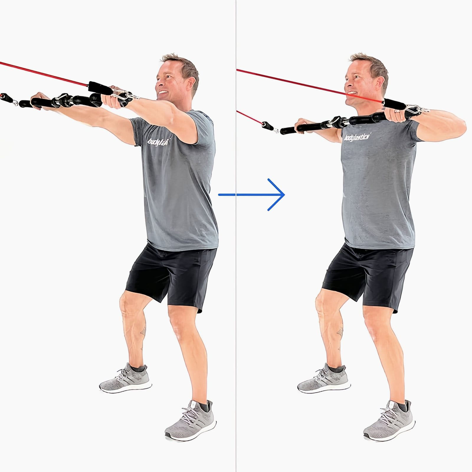 A man in a gray Bodylastics T-shirt holds a Resistance Band Bar out in front at chin height, then rows it to his upper chest with elbows high.