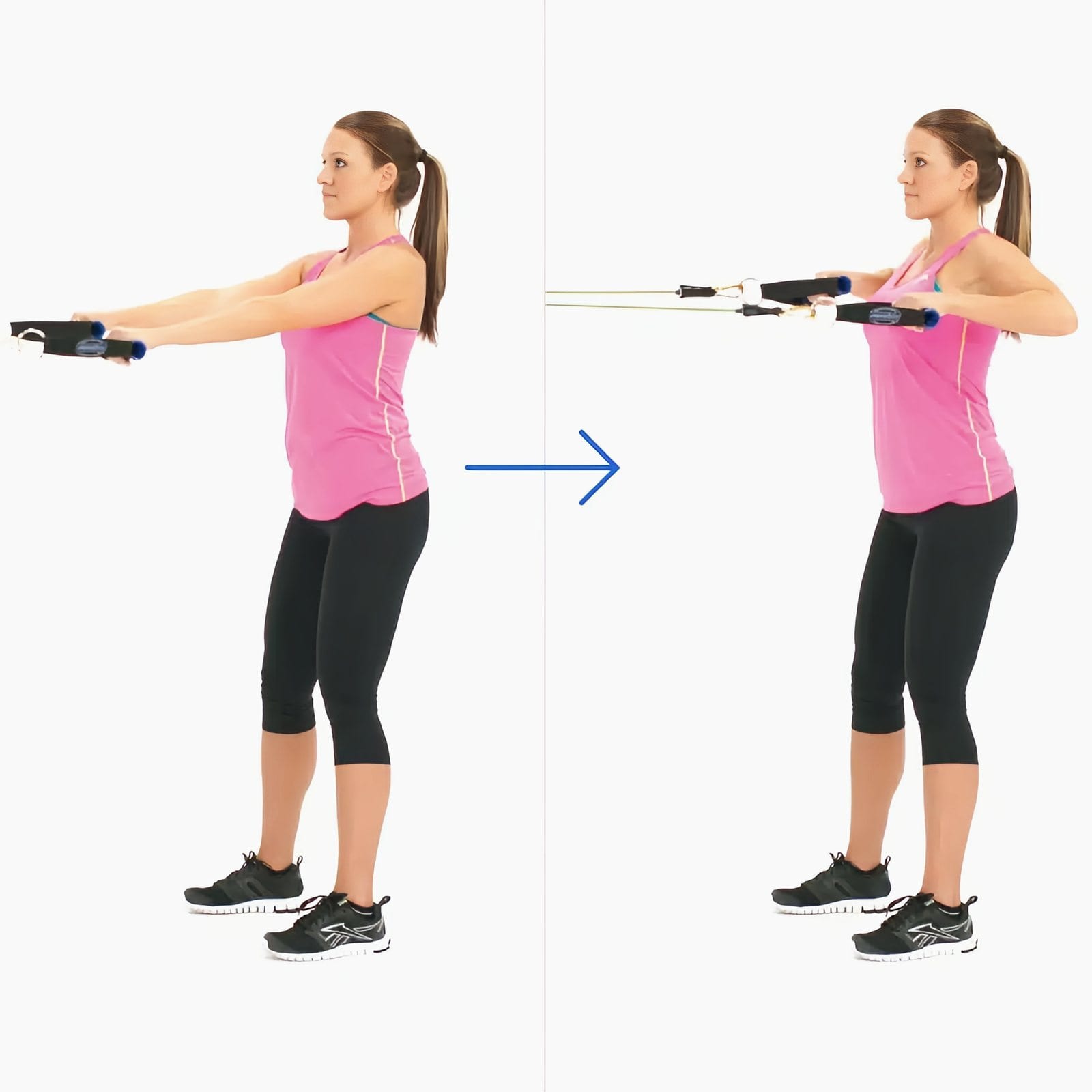 Woman faces a chest-height anchor holding handles with straight arms, then pulls her elbows back level with her shoulders.